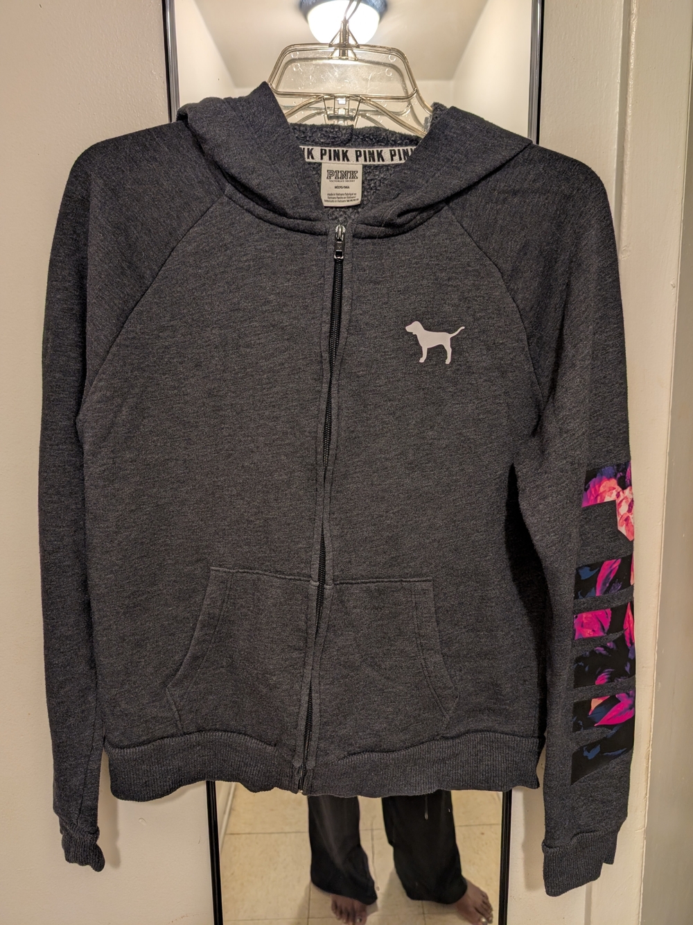 PINK Victoria's Secret Dark Gray Zip Hoodie with Pink & Purple Sleeve Detail